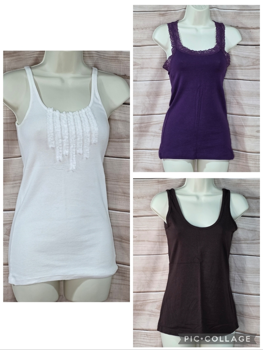 GAP Maurices Tanks 3 Pc Lot White Ruffle Purple Lace Chocolate Brown All Size S